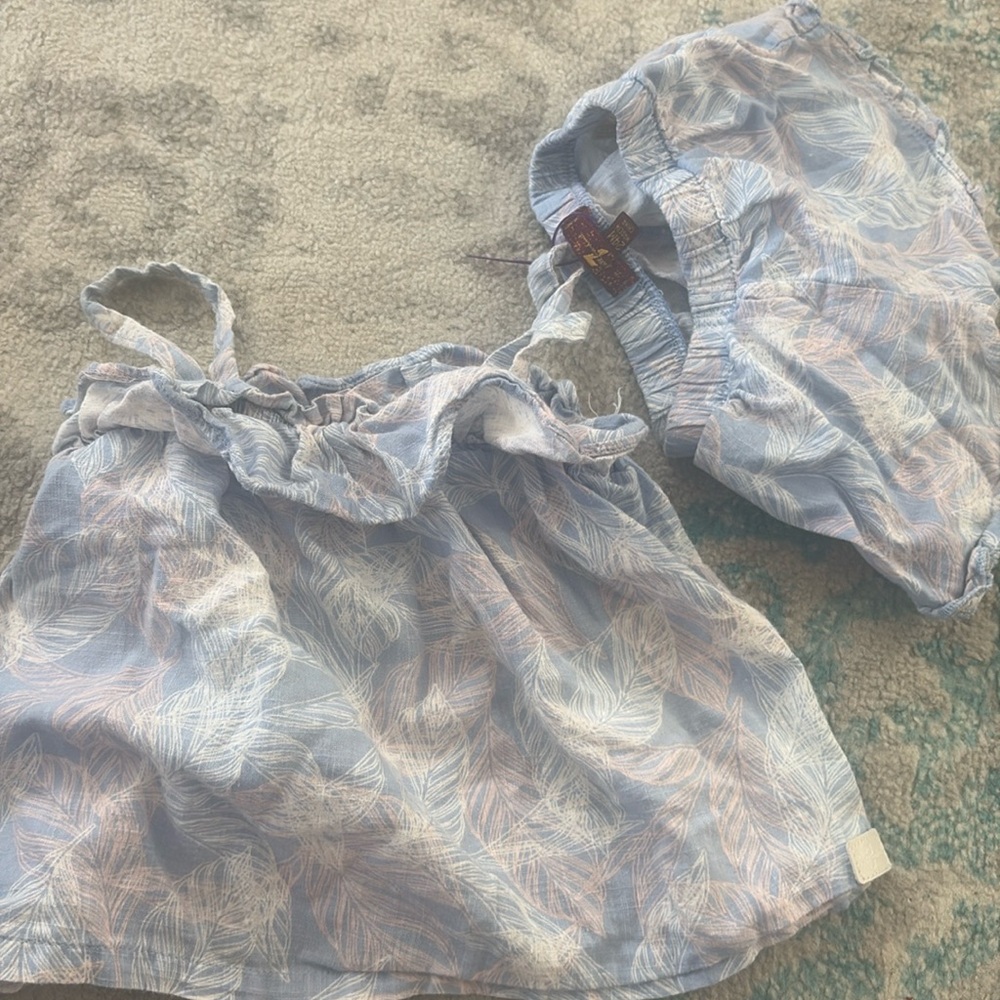 7 For All Mankind Girls Shorts And Ruffle Tank Set Palm Leaf Blue EUC Sz 24 mo